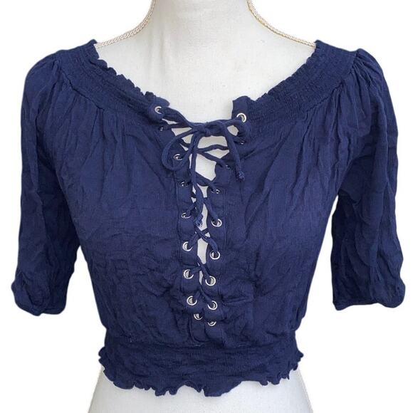 Lace Up Front Ruffled Cropped M Long Sleeve Blouse Top Navy Blue Pirate Medieval - Picture 1 of 8